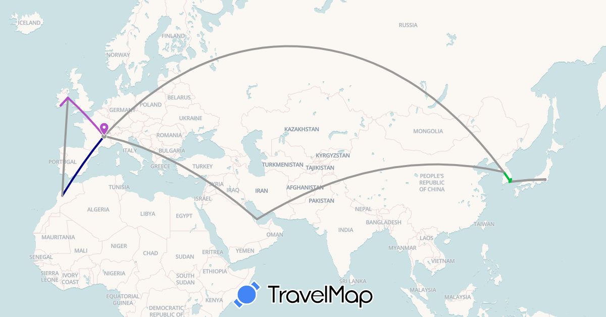 TravelMap itinerary: driving, bus, plane, train in France, Ireland, Japan, South Korea, Morocco, Qatar (Africa, Asia, Europe)