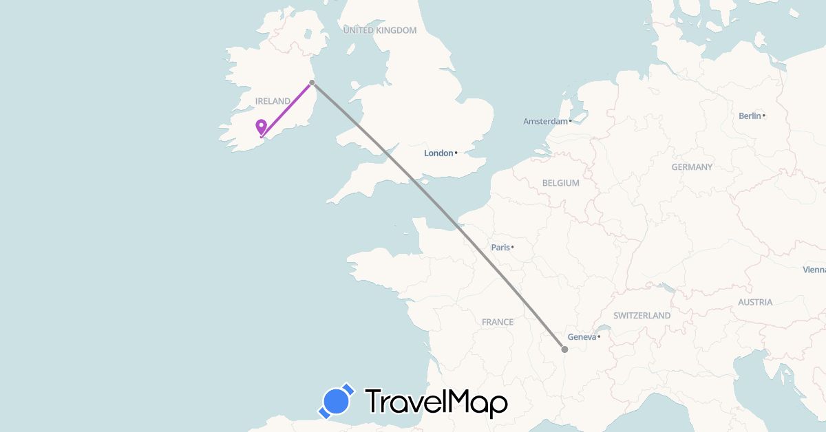 TravelMap itinerary: driving, plane, train in France, Ireland (Europe)